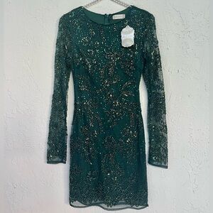 New Altar’d State Blake Beaded Long Sleeve Hunter Green Mini Dress size Small